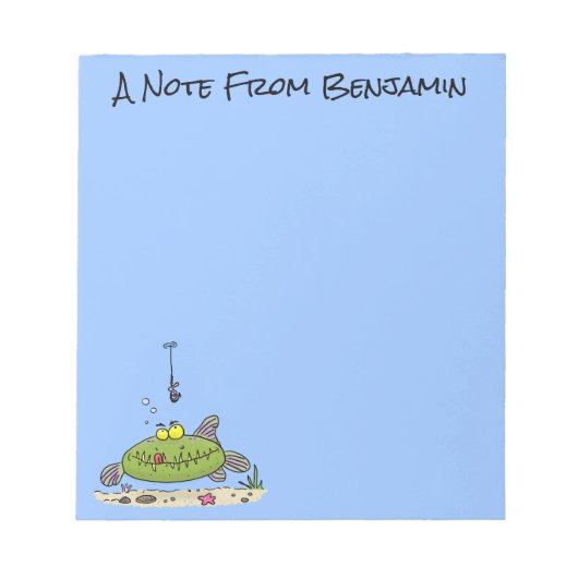 Grappig vethongerige groene visvisserij-cartoon notitieblok (Voorkant)