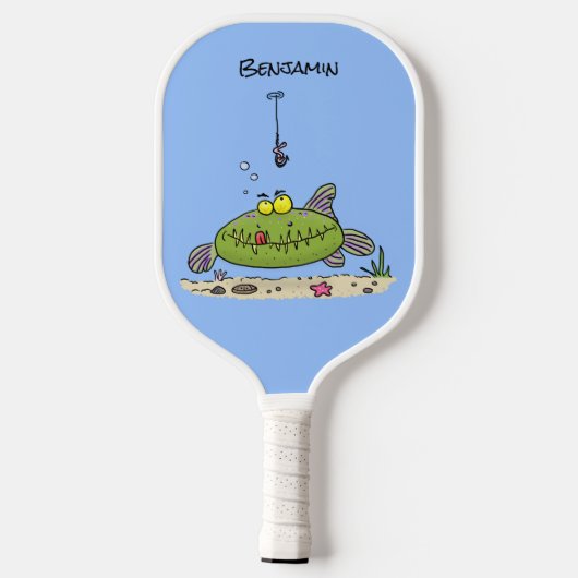 Grappig vethongerige groene visvisserij-cartoon pickleball paddle (Achterkant)