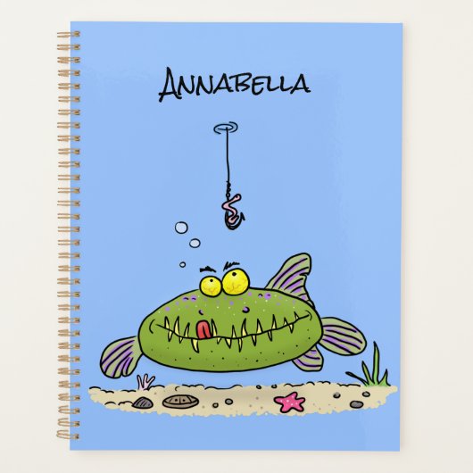 Grappig vethongerige groene visvisserij-cartoon planner (Voorkant)