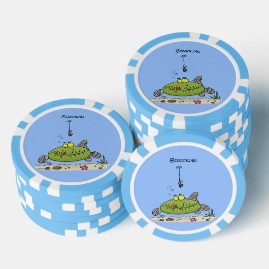 Grappig vethongerige groene visvisserij-cartoon poker chips (Opstapeling)