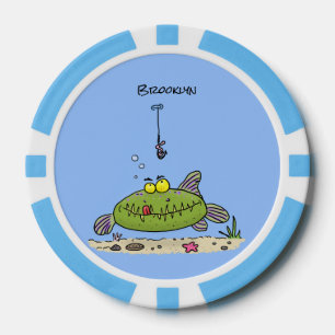 Grappig vethongerige groene visvisserij-cartoon poker chips