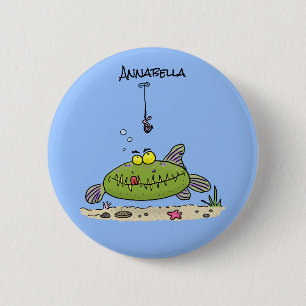 Grappig vethongerige groene visvisserij-cartoon ronde button 5,7 cm
