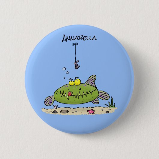 Grappig vethongerige groene visvisserij-cartoon ronde button 5,7 cm (Voorkant)