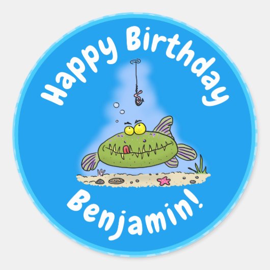 Grappig vethongerige groene visvisserij-cartoon ronde sticker (Voorkant)