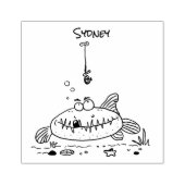 Grappig vethongerige groene visvisserij-cartoon rubberstempel (Afrduk)