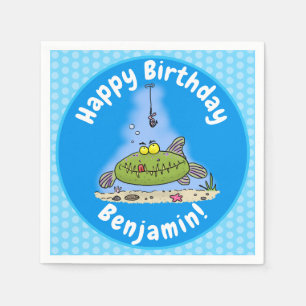 Grappig vethongerige groene visvisserij-cartoon servet