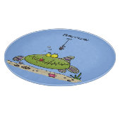 Grappig vethongerige groene visvisserij-cartoon snijplank (Hoek)