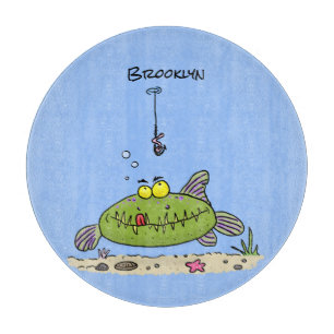 Grappig vethongerige groene visvisserij-cartoon snijplank