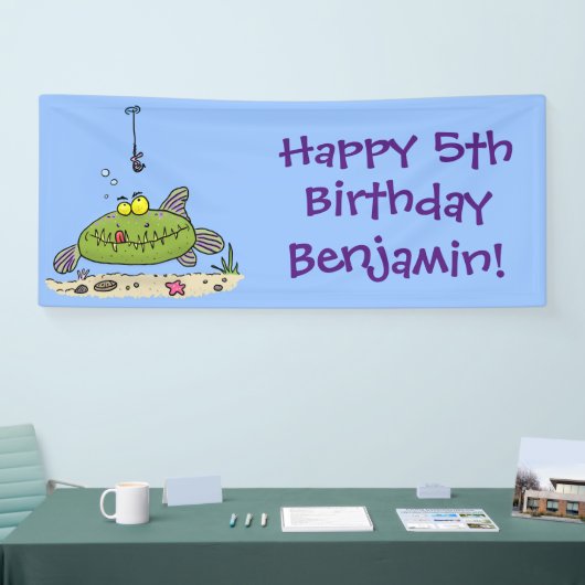 Grappig vethongerige groene visvisserij-cartoon spandoek (Beurs)