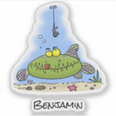 Grappig vethongerige groene visvisserij-cartoon sticker (Voorkant)