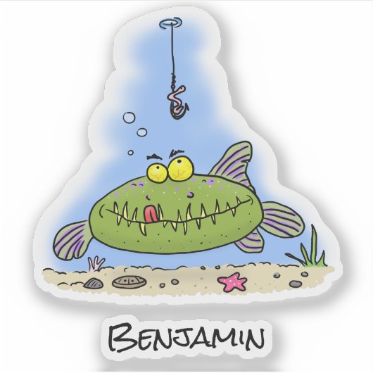Grappig vethongerige groene visvisserij-cartoon sticker