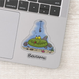 Grappig vethongerige groene visvisserij-cartoon sticker