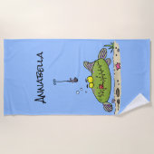 Grappig vethongerige groene visvisserij-cartoon strandlaken (Voorkant)