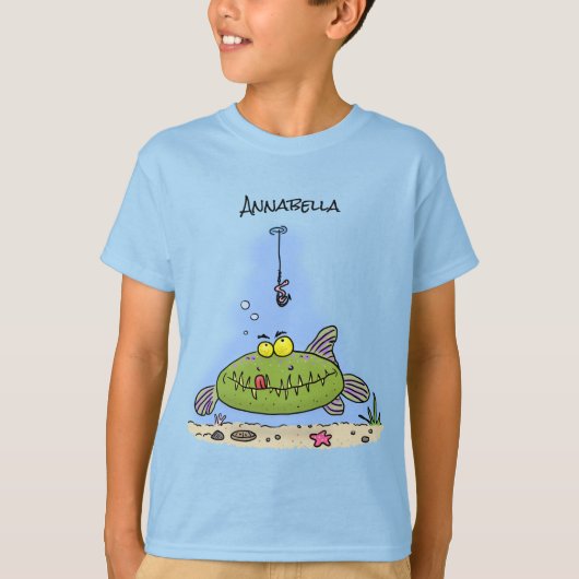 Grappig vethongerige groene visvisserij-cartoon t-shirt (Voorkant)