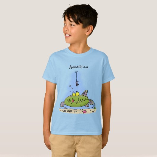 Grappig vethongerige groene visvisserij-cartoon t-shirt (Voorkant volledig)