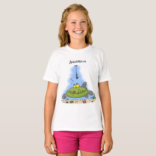 Grappig vethongerige groene visvisserij-cartoon t-shirt (Voorkant volledig)