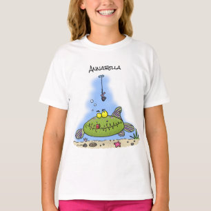 Grappig vethongerige groene visvisserij-cartoon t-shirt