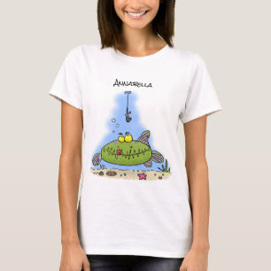 Grappig vethongerige groene visvisserij-cartoon t-shirt