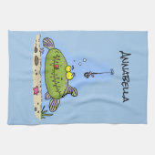 Grappig vethongerige groene visvisserij-cartoon theedoek (Horizontaal)