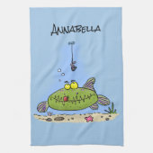 Grappig vethongerige groene visvisserij-cartoon theedoek (Verticaal)