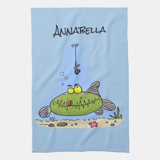 Grappig vethongerige groene visvisserij-cartoon theedoek (Verticaal)