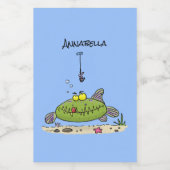 Grappig vethongerige groene visvisserij-cartoon voedselcontainer etiket (Enkel label)