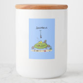 Grappig vethongerige groene visvisserij-cartoon voedselcontainer etiket (Voorkant)