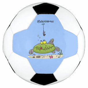 Grappig vethongerige groene visvisserij-cartoon voetbal