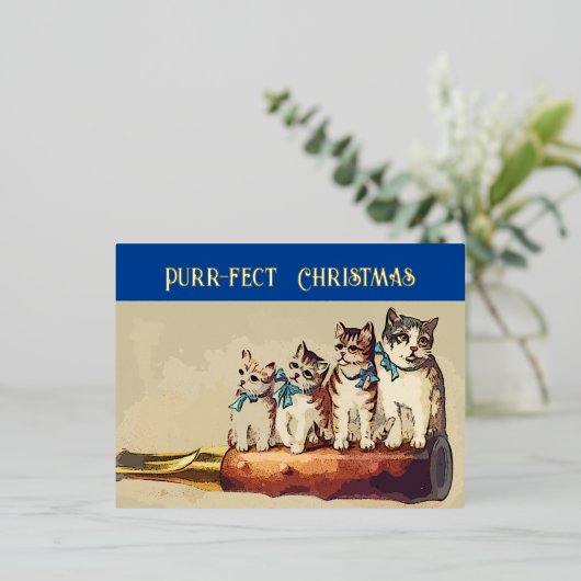 Grappig Victoriaans kerstkatten Folie Feestdagen Briefkaart (Staand Voorkant)