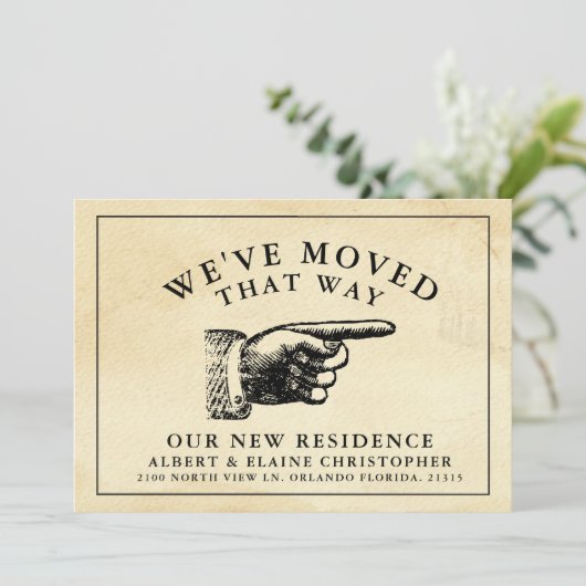 Grappig Vintage Hand Nieuw Adres Aankondiging (Staand voorkant)