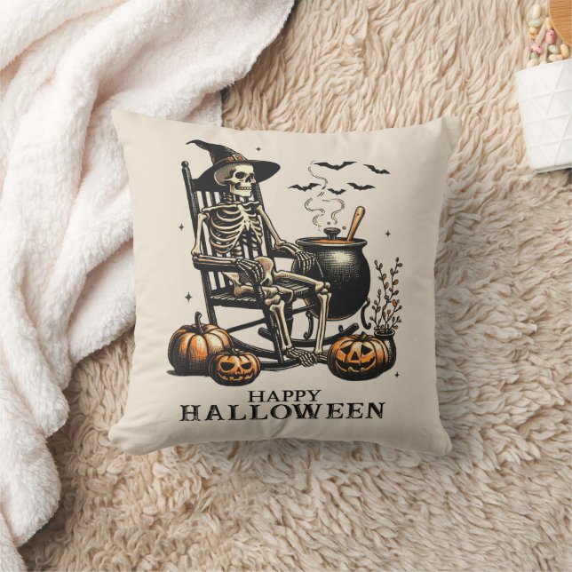Grappig Vintage Skelet Wacht op Halloween Kussen (Deken)