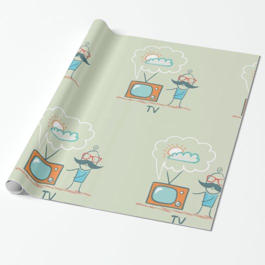 Grappig Vintage Televisie Doodle Karakter Cadeaupapier (Uitgerold)