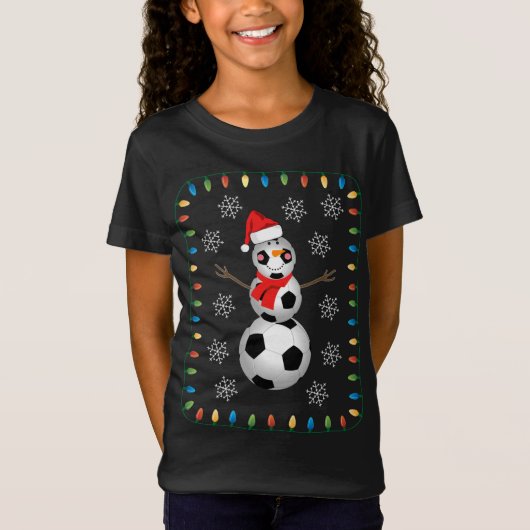 Grappig Voetbal Sneeuwman Santa Hat Sjaal Kerstmis T-shirt (Voorkant)