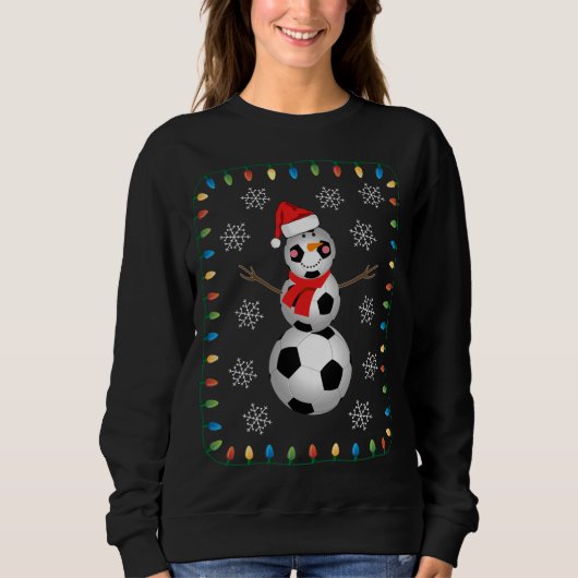Grappig Voetbal Sneeuwman Santa Hat Sjaal Kerstmis Trui (Voorkant)