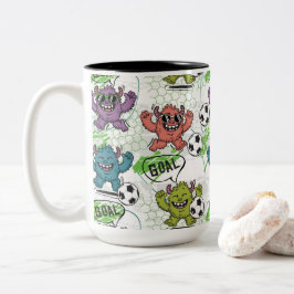 Grappig Voetbalpatroon met Monsters Tweekleurige Koffiemok