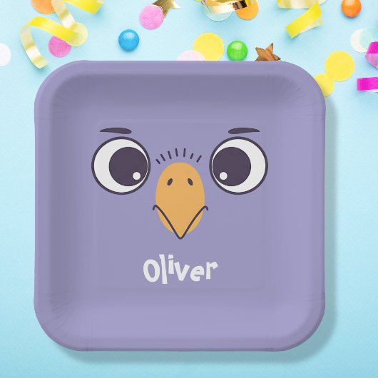 Grappig vogelgezicht met grote ogen papieren bordje