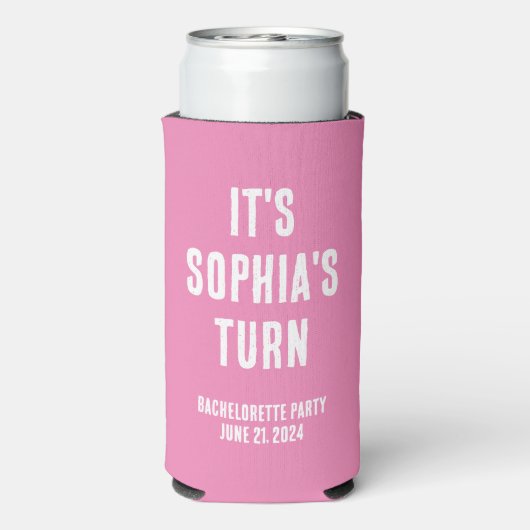 Grappig vrijgezellenfeest roze en wit bruiloft seltzer blikjeskoeler (Seltzer Achterkant)