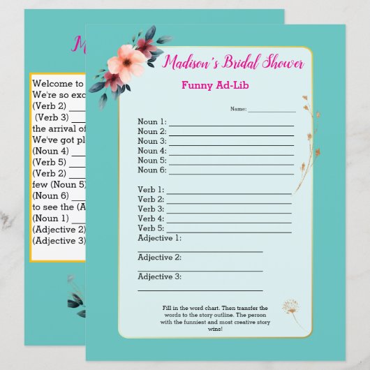 Grappig Vrijgezellenfeest spel 🎉 Ad-Lib (Voorkant / Achterkant)