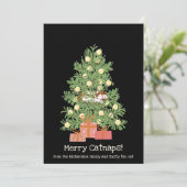 Grappig vrolijk Catnaps! Kat op kerstboom zwart Feestdagenkaart (Staand voorkant)