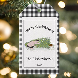 Grappig vrolijk kerstfeest! Cat vs Tree B & W Ging Cadeaulabel