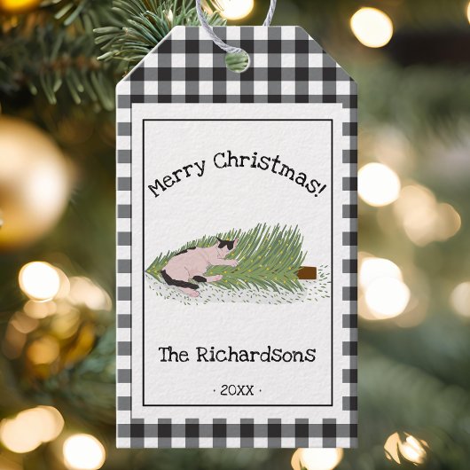 Grappig vrolijk kerstfeest! Cat vs Tree B & W Ging Cadeaulabel