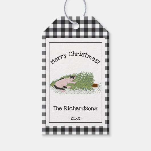 Grappig vrolijk kerstfeest! Cat vs Tree B & W Ging Cadeaulabel (Voorkant)