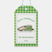 Grappig vrolijk kerstfeest! Cat vs Tree Green Ging Cadeaulabel (Voorkant)