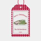 Grappig vrolijk kerstfeest! Cat vs Tree Red Gingha Cadeaulabel (Voorkant)