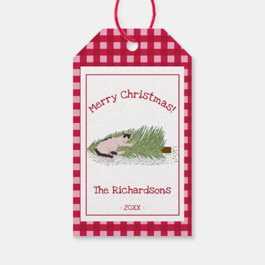 Grappig vrolijk kerstfeest! Cat vs Tree Red Gingha Cadeaulabel (Achterkant)