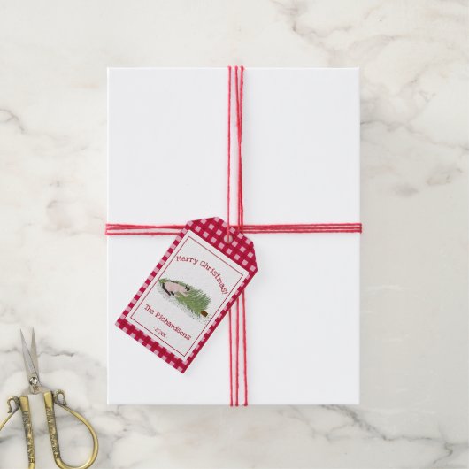 Grappig vrolijk kerstfeest! Cat vs Tree Red Gingha Cadeaulabel (Met Touw)