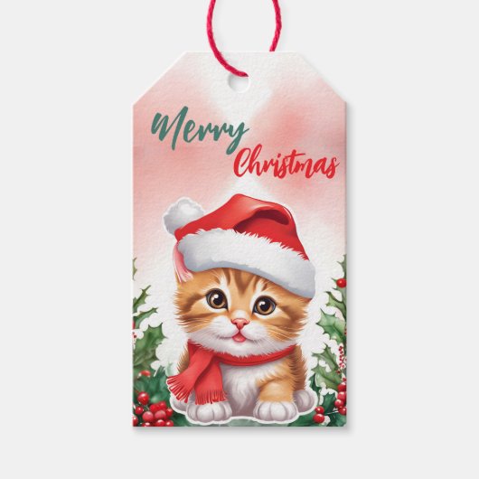 Grappig Vrolijk Kerstkrans Schattige Cat Kitten Sa Cadeaulabel (Voorkant)