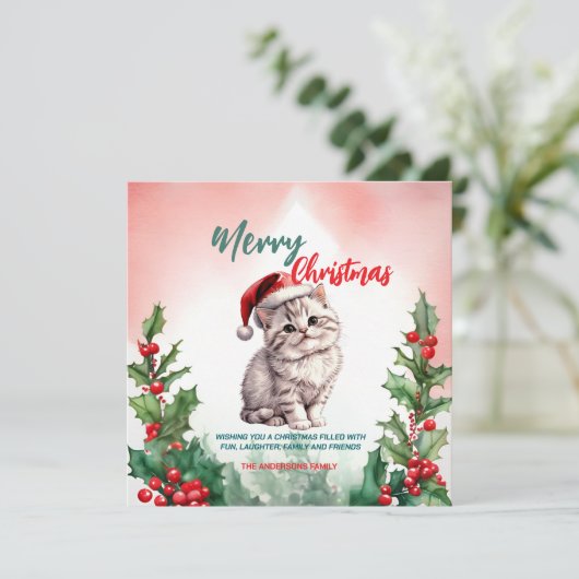 Grappig Vrolijk Kerstkrans Schattige Kattenkatje Feestdagenkaart (Staand voorkant)