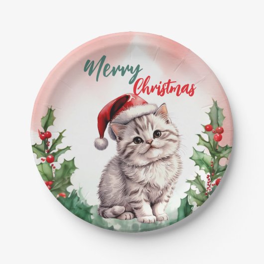 Grappig Vrolijk Kerstkrans Schattige Kattenkatje Papieren Bordje (Voorkant)