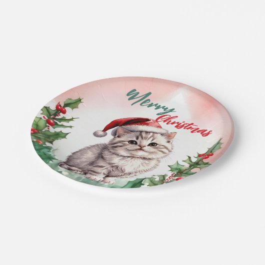 Grappig Vrolijk Kerstkrans Schattige Kattenkatje Papieren Bordje (Gekanteld)
